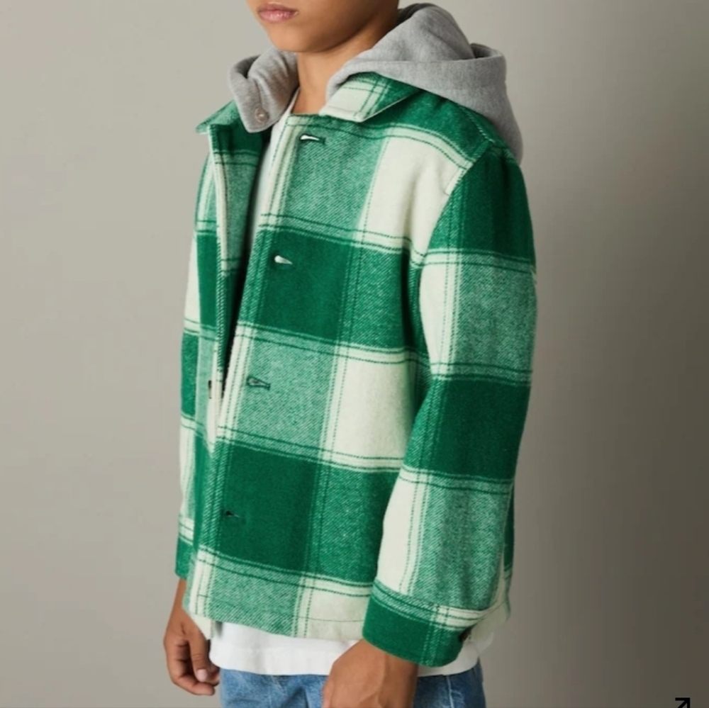 Reiss Mcfadden Kids Green Wool Blend Checked Twill Overshirt with Hood Sz 3-4y